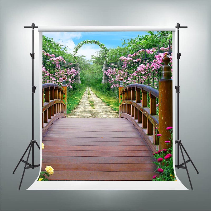 PHMOJEN Colorful Flowers Blossom Photography Backdrop Wooden Bridge Floral Garden Background Vinyl 5x7ft Photo Shooting Props HXPH010 - Image 4